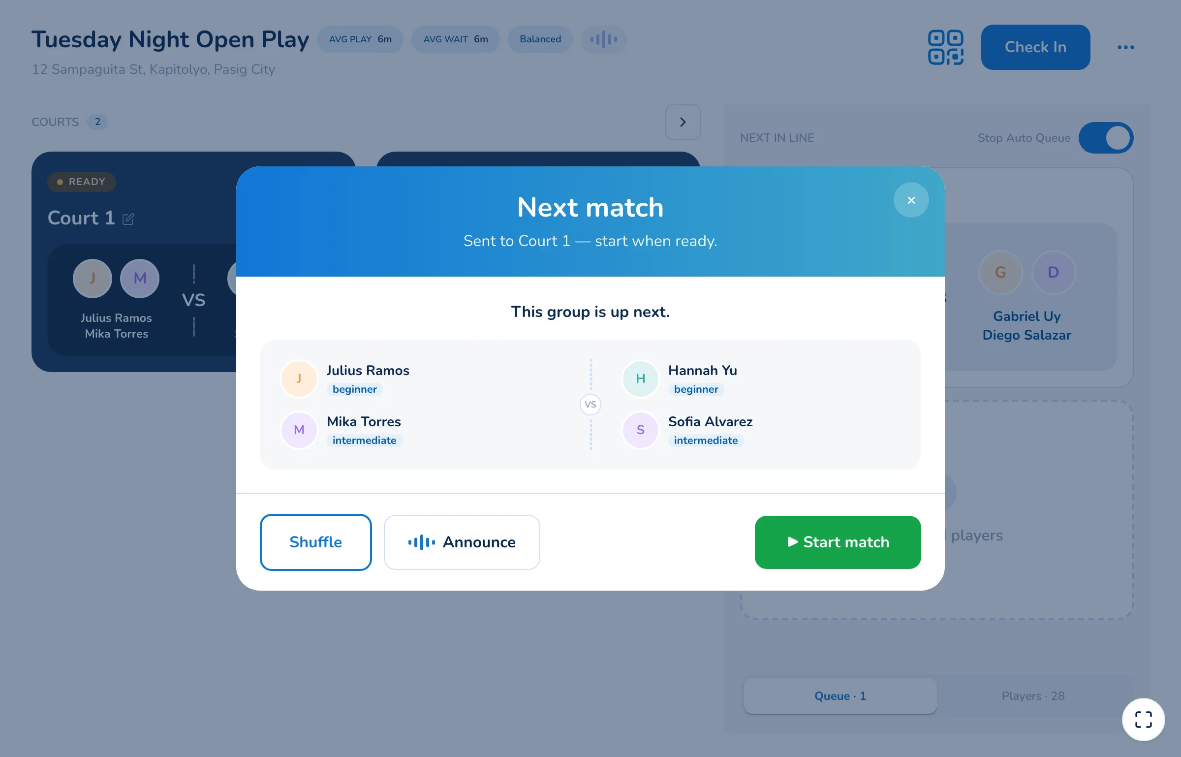Next match dialog reading “Sent to Court 1 — start when ready”, the four players as two pairs either side of a versus divider, with Shuffle, Announce and Start match buttons