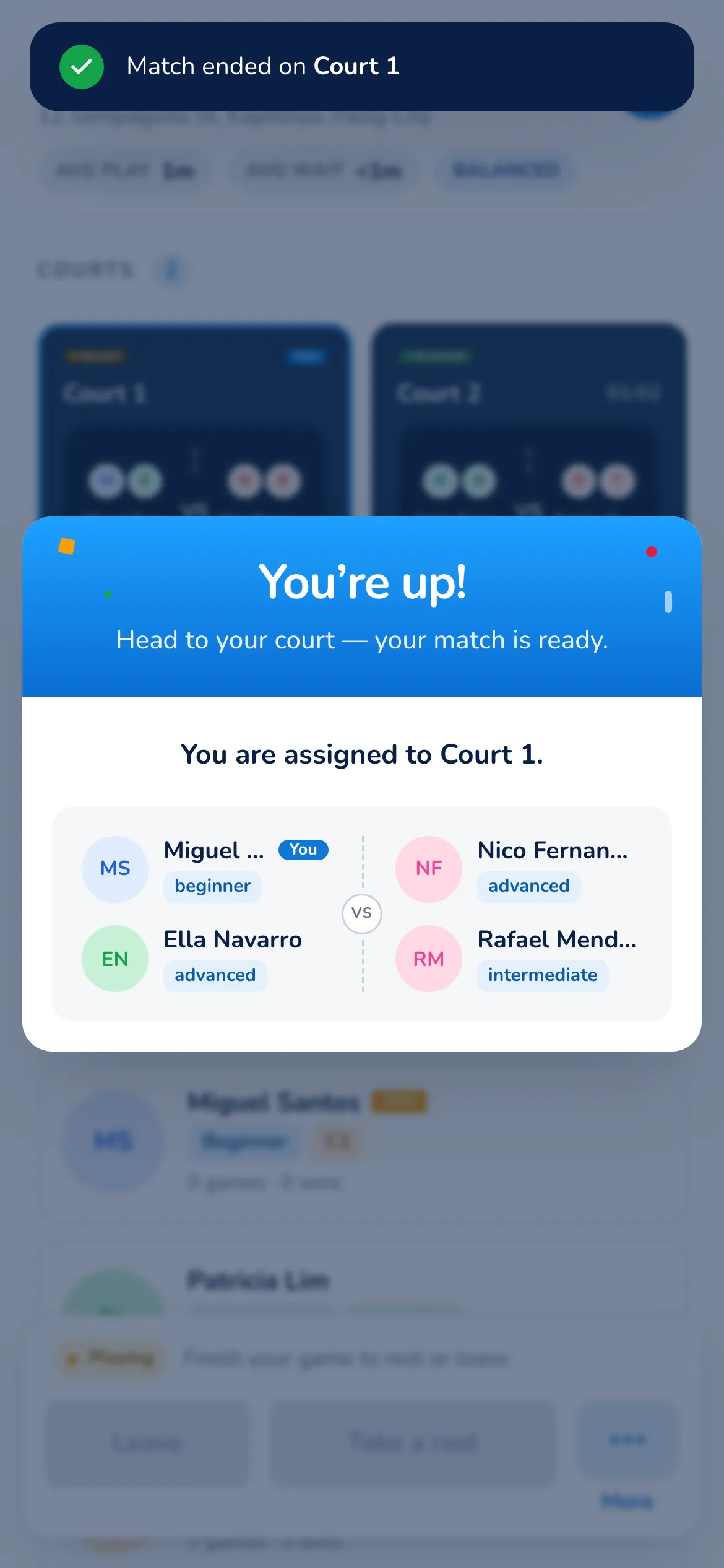 You're up prompt on a player phone reading “Head to your court — your match is ready” and “You are assigned to Court 1”, above the four players with the reader marked You