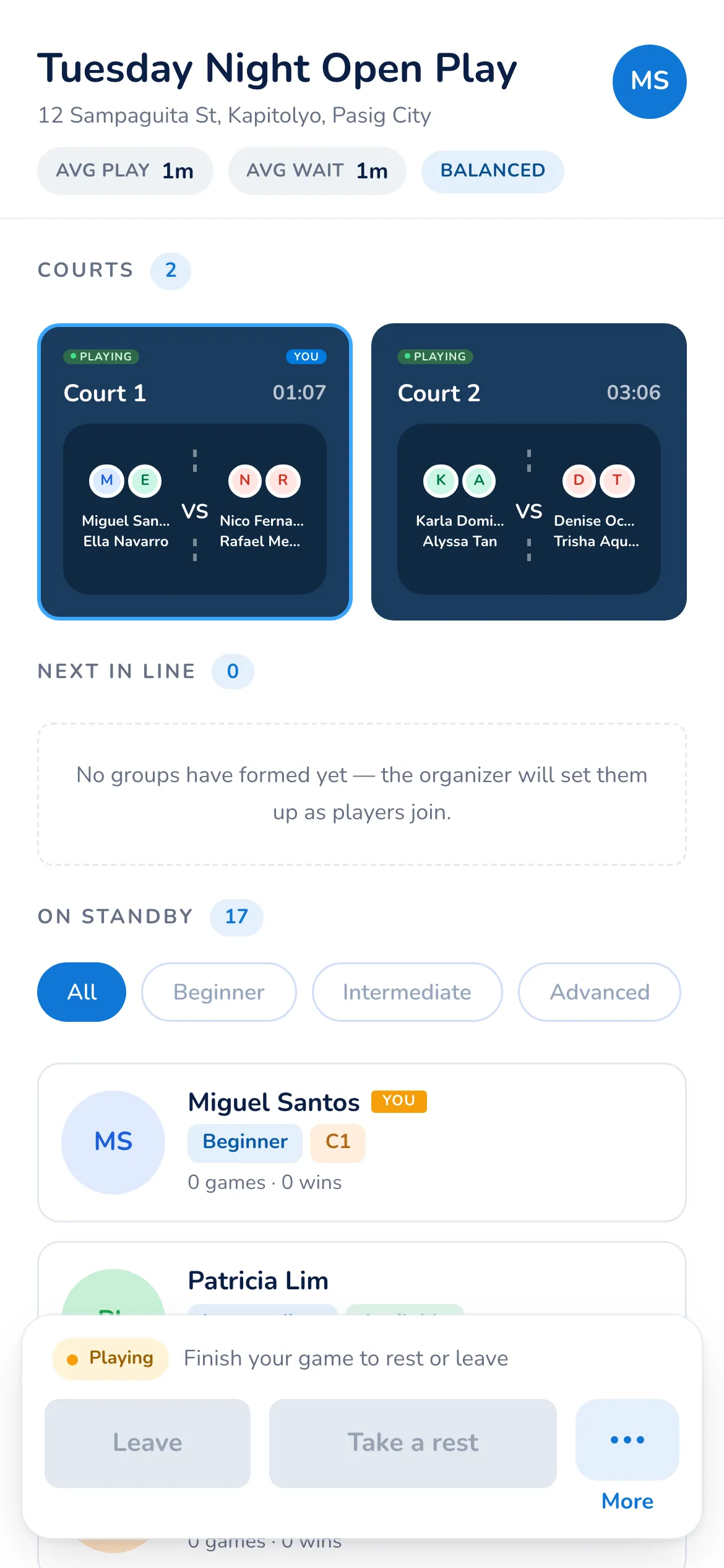 Player phone view showing Court 1 badged YOU with the four names on it, the second court mid-game, the reader's own row in the standby list, and Leave and Take a rest buttons across the foot
