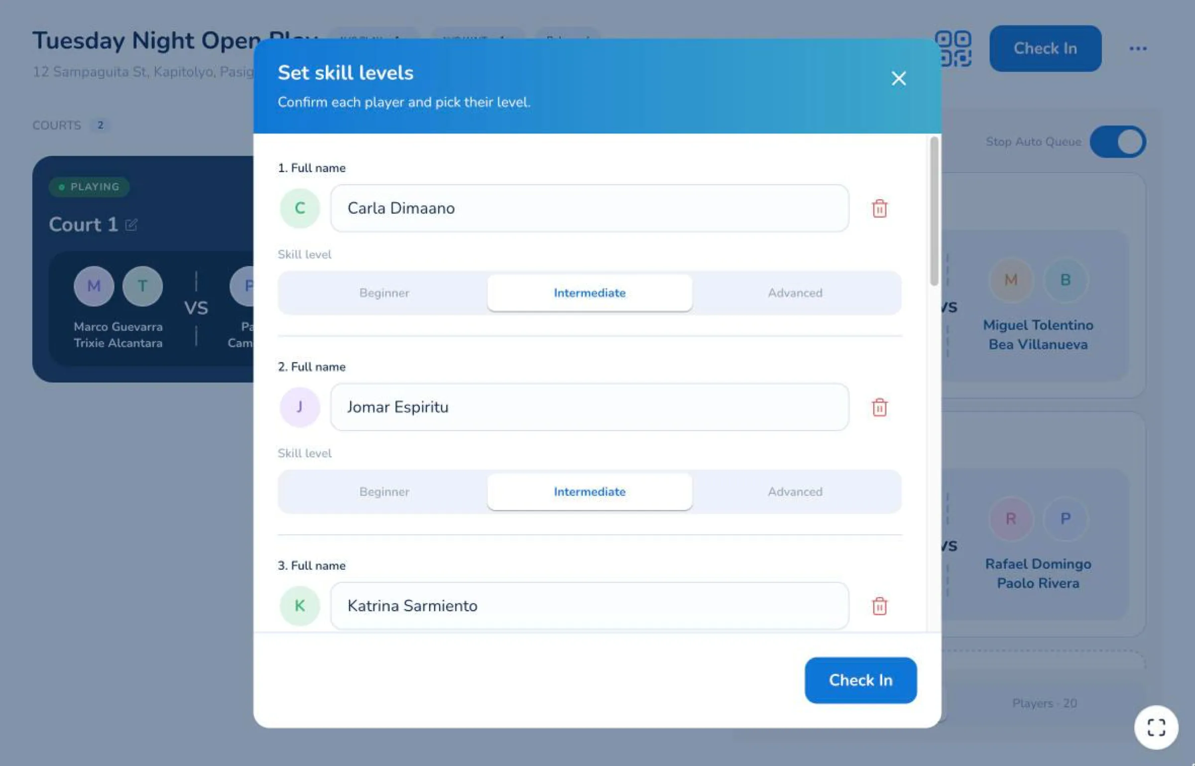 Set skill levels dialog on the tablet, headed “Confirm each player and pick their level”, listing imported players numbered one to three with each name in its own field and a Beginner, Intermediate, Advanced picker under it, above a Check In button