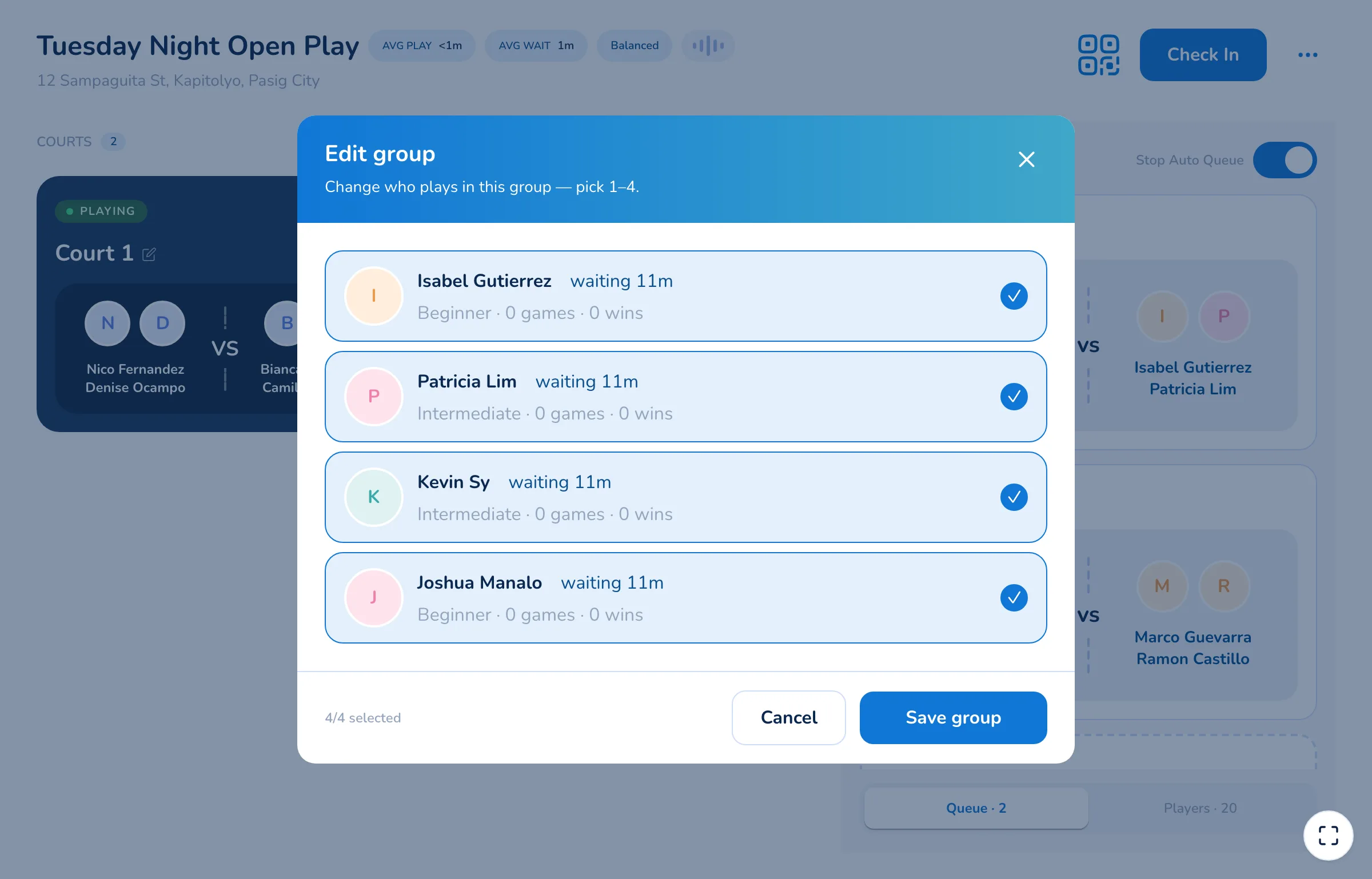 Edit group dialog listing four waiting players with how long each has waited, their level, games and wins, all four ticked and 4 of 4 selected