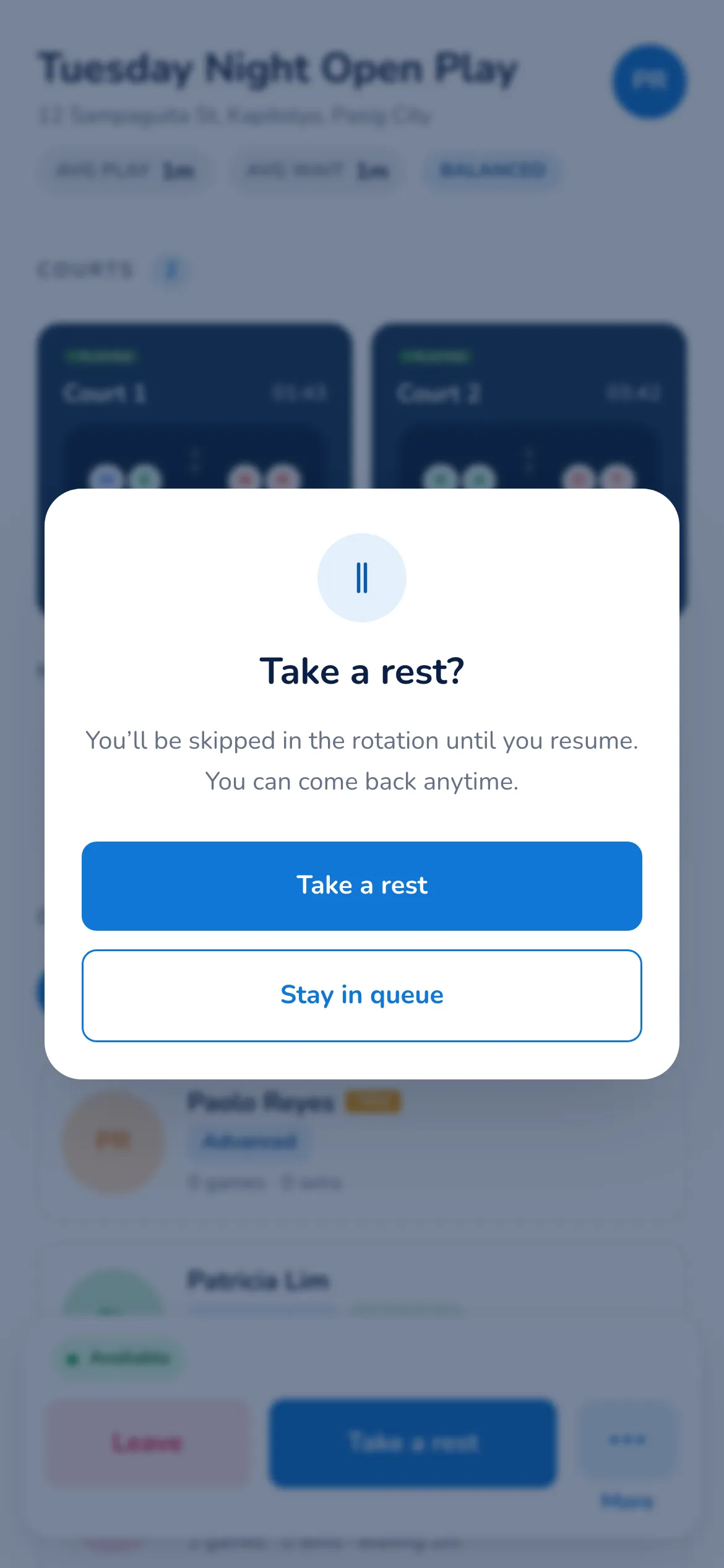 Take a rest confirmation on a player phone explaining you will be skipped in the rotation until you resume, with Take a rest and Stay in queue buttons