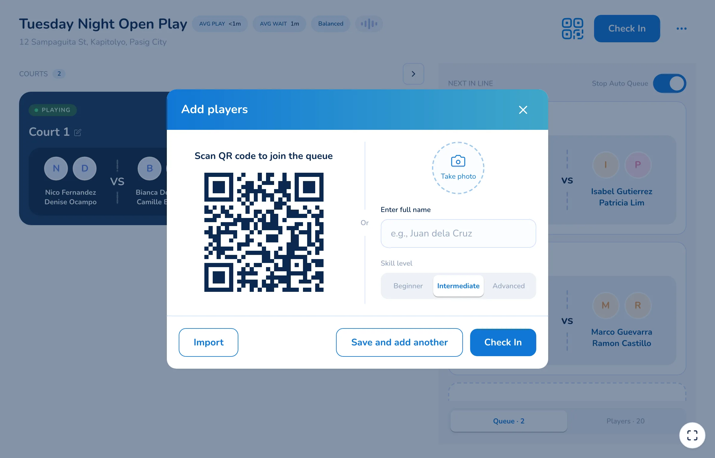 Add players dialog on the tablet: a QR code headed “Scan QR code to join the queue” beside a full name field and a Beginner, Intermediate, Advanced picker