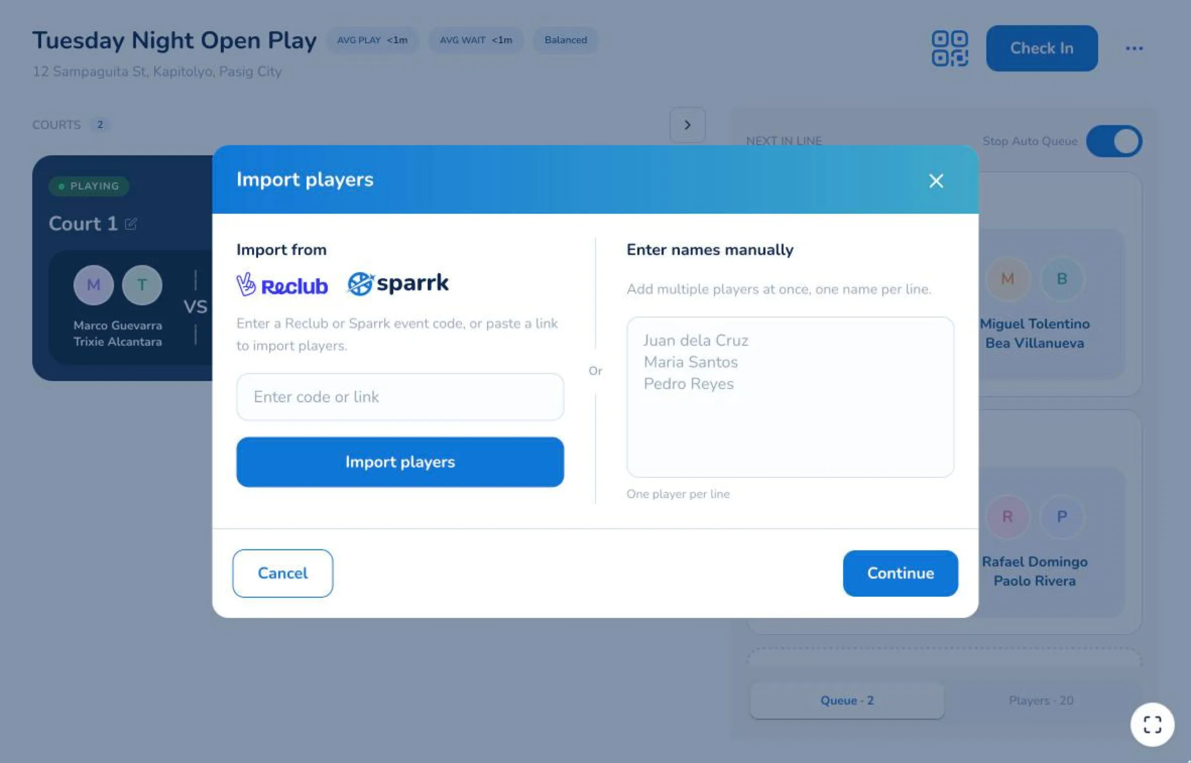 Import players dialog on the tablet: an “Import from” column showing the Reclub and Sparrk marks over a code-or-link field and an Import players button, beside an “Enter names manually” column with a box for one player per line